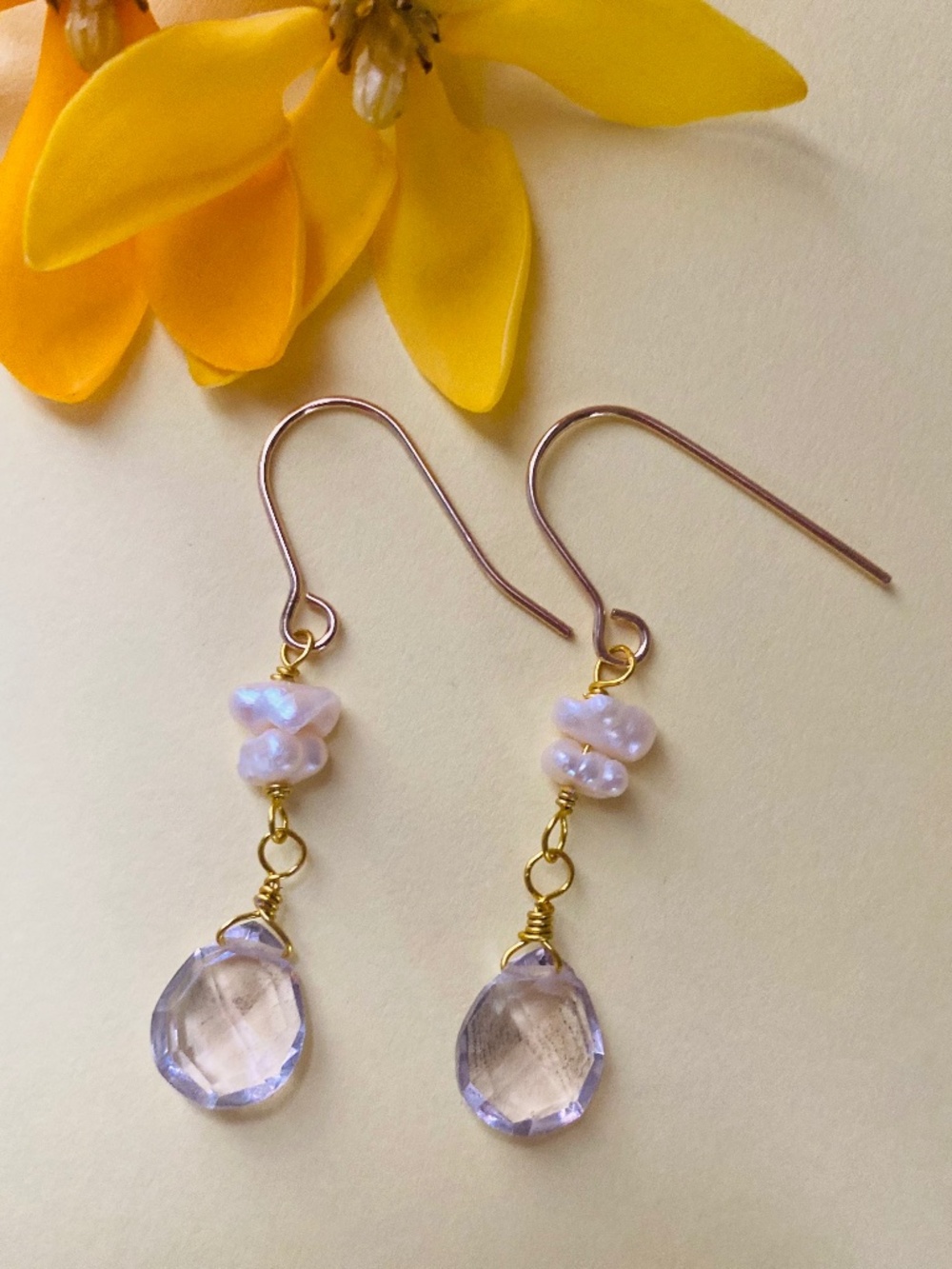 Pink Sapphire Quartz Earrings with Keshi Pearl - Handmade